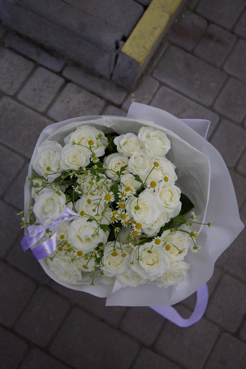 Квіти: Кущова троянда Wedding Party, танацетум